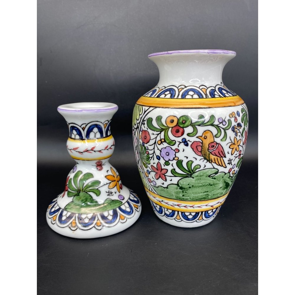 VTG Folk Art Floral Bird Country Decor Small Vase & Candlestick Holder